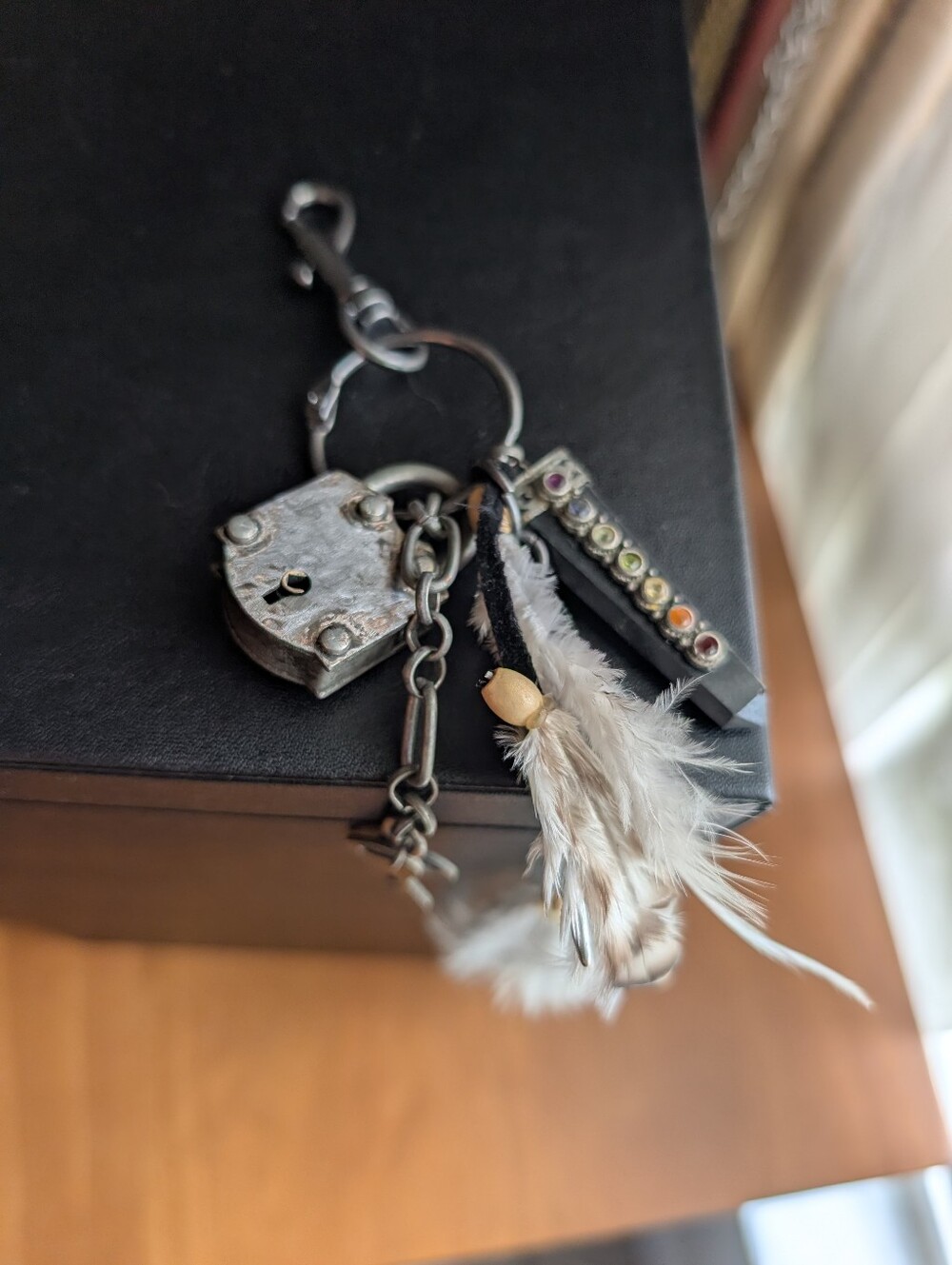 Vintage Industrial Bag Charm Gunmetal Keychain with Feathers & Lock - Picture 6 of 8